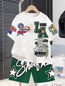 SHEIN 2pcs/Set Teen Boy Casual Minimalist Letter Printed Short Sleeve Crew Neck Outfit, Suitable For Summer, Streetwear