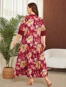 Lacomfia 大码女式宽松纯色拼接圆领蝴蝶结休闲连衣裙 - 酒紅色 - 查看 2