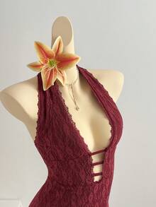 Elamini Women's Sexy & Romantic Deep V-Neck Lace Halter Short Dress, Wine Red, Spring/Summer - Burgundy - View 1