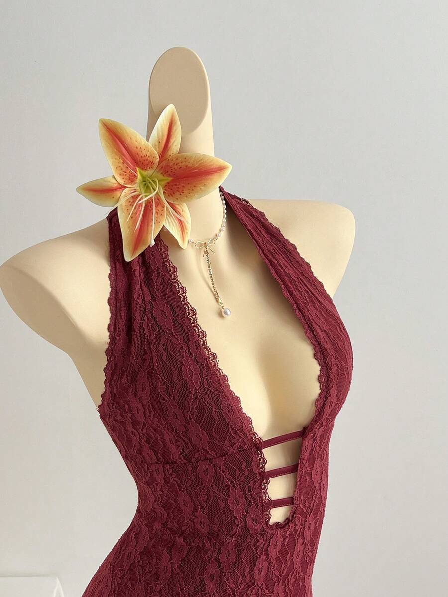 Elamini Women's Sexy & Romantic Deep V-Neck Lace Halter Short Dress, Wine Red, Spring/Summer - Burgundy - View 1