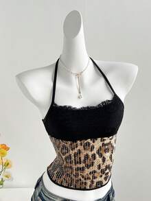 Elamini 女士性感蕾丝拼接豹纹串珠吊带背心，性感炸弹风 - 彩色 - 查看 4