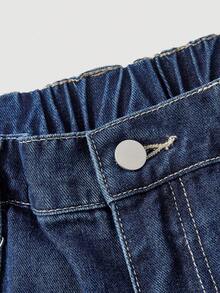 Sweetra 大码女式春季休闲宽松口袋阔腿牛仔裤，百搭 - 深色水洗藍 - 查看 3