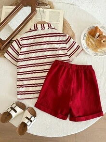 LMoss Kids LMoss Boys' Knitted Red Striped Shirt And Solid Color Woven Shorts Two-Piece Set, Striped Pattern, Casual And Stylish. - Multicolor - View 2
