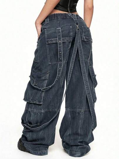 Grunge Punk Jeans in denim oversize con design a croce, cinturini con borchie e stile punk rock extra large