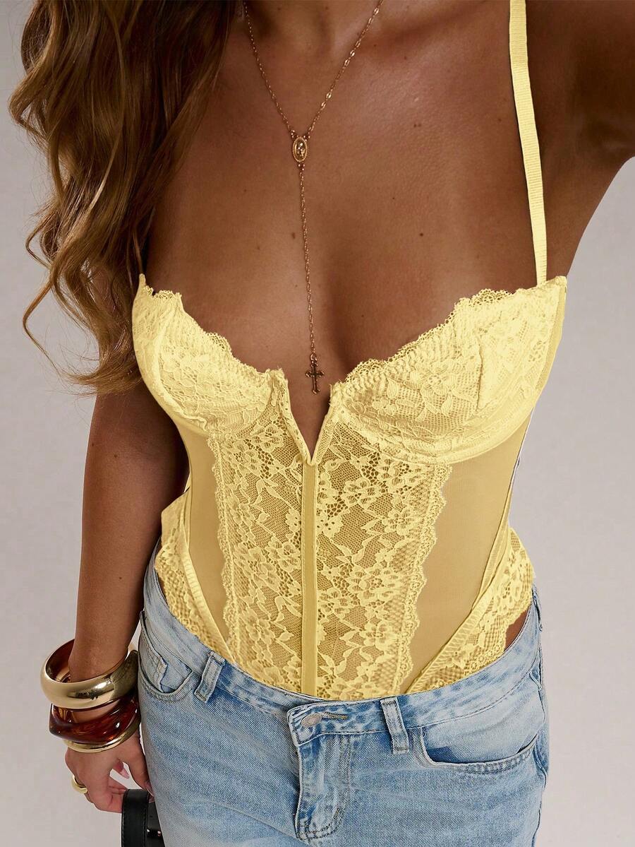 SHEIN BAE Áo hai dây thời trang gợi cảm phối ren tương phản dành cho nữ - Màu vàng - Xem 1