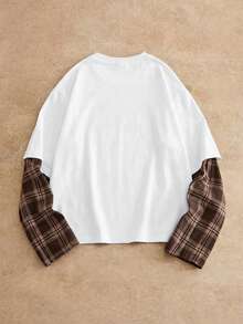 HIMLAND Men's Casual Commute Street Patchwork Plaid Long Sleeve 2 In 1 T-Shirt - Multicolor - View 2