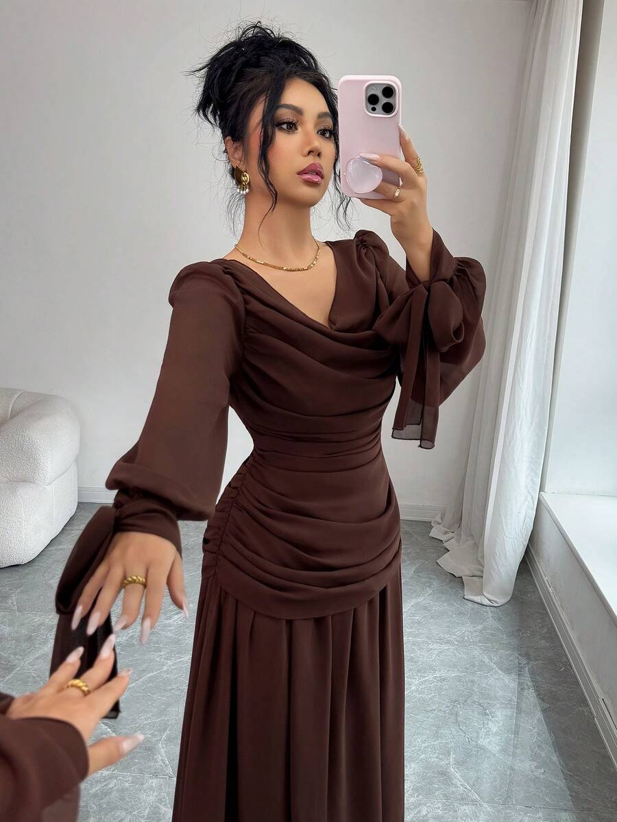 SHEIN PETITE Women's Casual Elegant Draped Collar Ruched Lantern Sleeve Flowy Dress, With Ruffle Collar, Lantern Sleeves, And Tie Waist Design, Suitable For Various Formal Occasions Such As Parties, Weddings, Graduations, Halloween, Christmas, Saudi National Day, New Year, Etc. - Brown - View 1