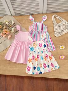 SHEIN Vintaside Kids 三件装女婴荷叶边吊带连衣裙，条纹配彩色花卉/粉色图案，甜美可爱，适合夏季玩耍和度假。 - 彩色 - 查看 2
