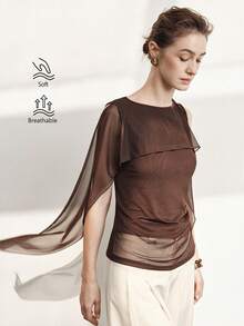 Aalyst Camiseta de mujer de manga corta con cuello de chal, casual, elegante, para ir y venir, vintage, para exteriores, citas, cenas, vacaciones, primavera/verano - Marrón - Ver 1