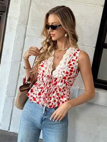 SHEIN PariChic 女士新款深V领无袖印花蕾丝拼接露脐上衣 - 紅色 - 查看 6