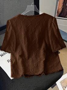 Everyssa Áo sơ mi nữ đơn giản, màu trơn, chất liệu có họa tiết, tay ngắn, cài cúc phía trước, phù hợp để mặc đi làm. - màu nâu - Xem 2