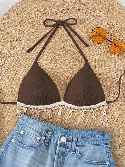 Swim Mod Springbreak Solid Color Textured Fabric Shell Strap Decor Halter Tie Front Bikini Set (Accessory Quantity Random) Brown Bikini Top Crochet Bikini Top Boho Bikini Top Brown Bathing Suit Top Bikini Top Casual
