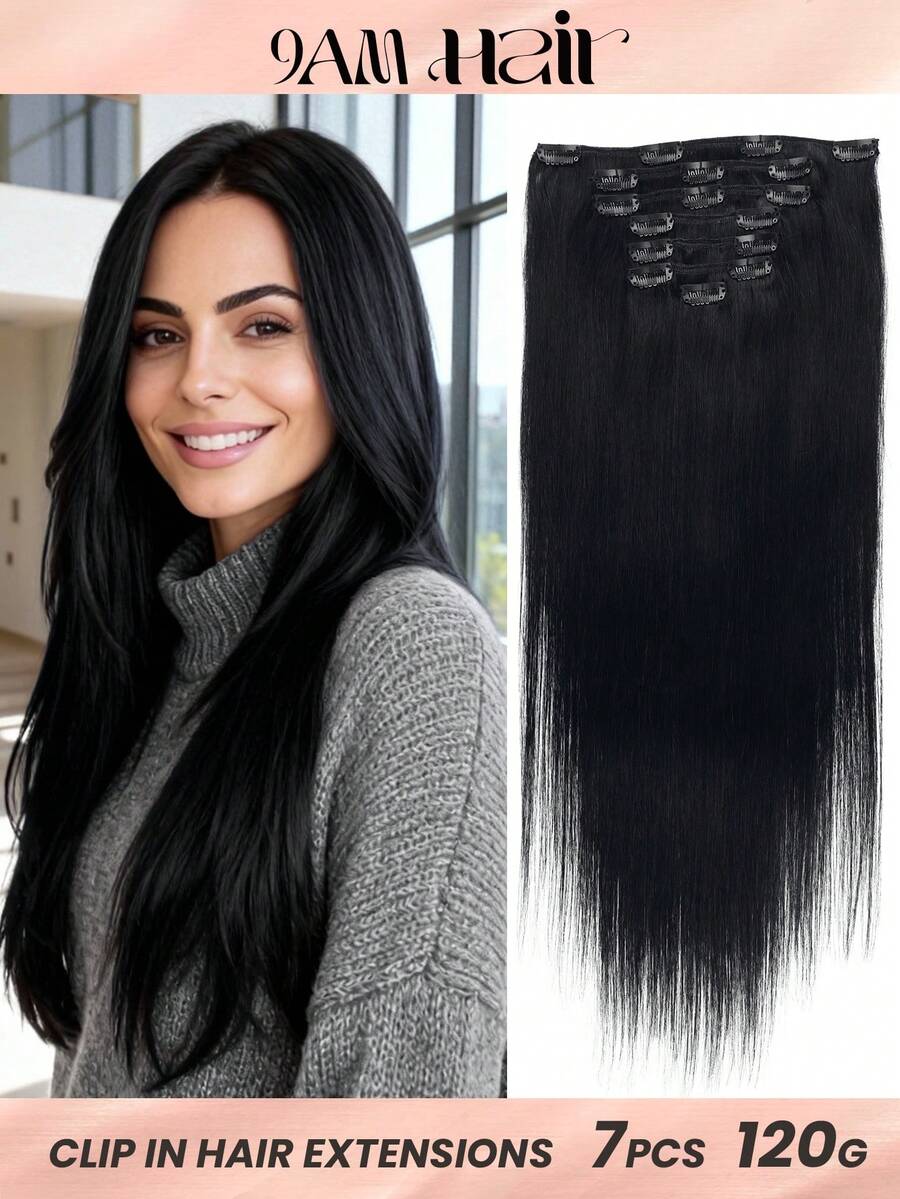 7 piezas, 120g, extensiones de cabello humano real de color negro azabache, extensiones de cabello humano rectas Remy con clips - S1 - Ver 1