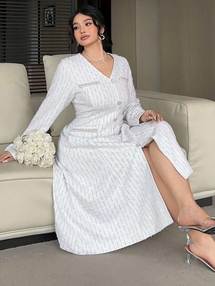 Dazy Plus V-Neck Fitted Elegant Long Party Dress, Plus Size Women, Long Sleeve, Spring/Autumn Maxi Dress Sundress