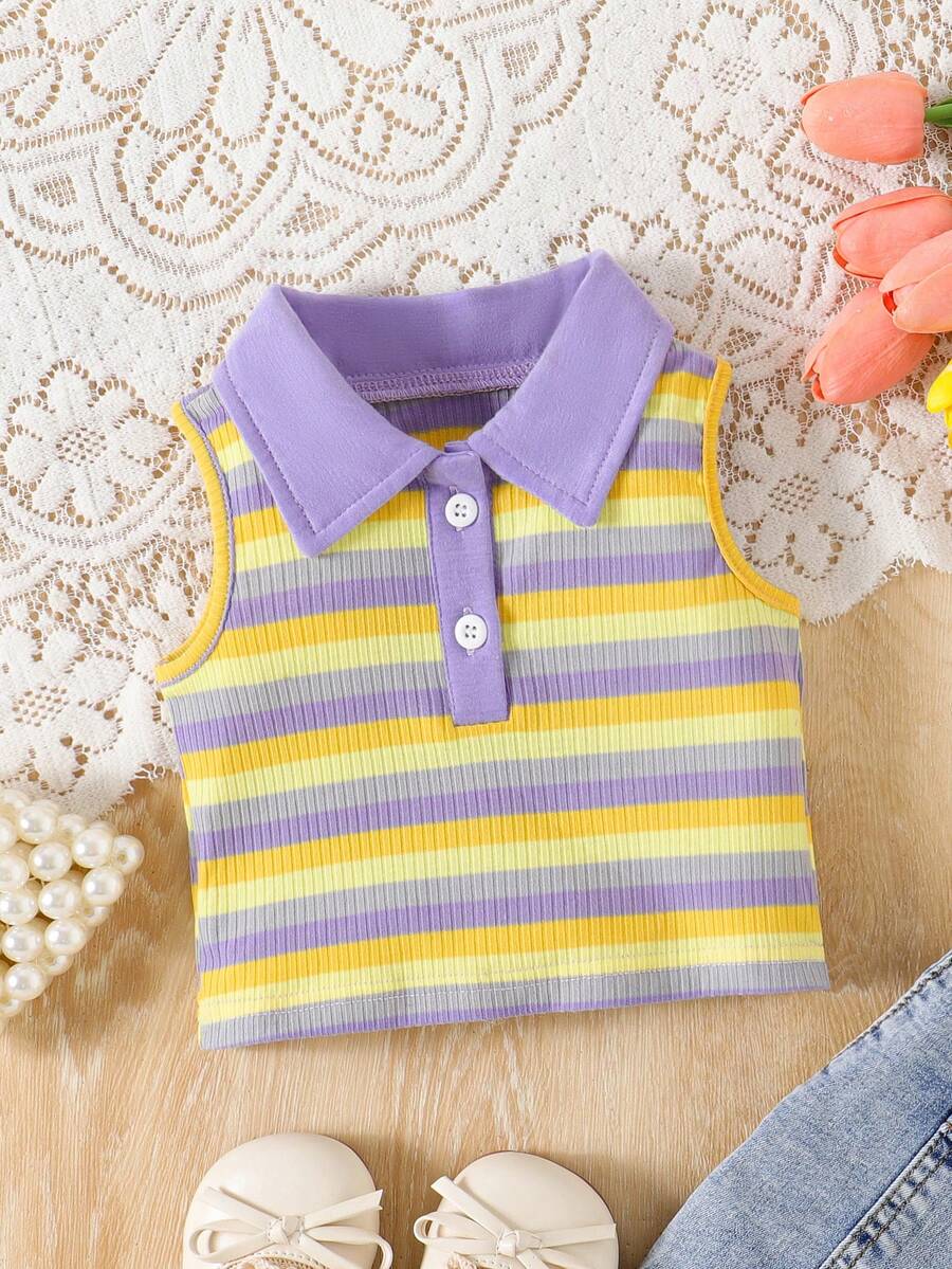 SHEIN Baby GirlColorful Striped Polo Collar Sleeveless Top, Spring/Summer - Multicolor - View 1