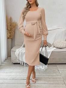 Cheriluna Maternity Maternity Knit Dress, Long Sleeve Solid Color Dress, Elastic Fabric, Autumn/Winter - Camel - View 3