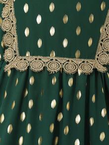 SHEIN Elegant Green Polka Dot Long Dress For Tween Girls,Autumn Wedding Guest,Metallic Gold Dots,Lace Trim,3/4 Sleeve,Middle Eastern Gatherings,Soft Fabric - Green - View 7
