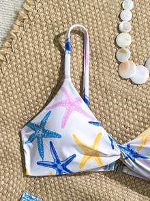 SHEIN Conjunto de bikini para niñas preadolescentes, estampado aleatorio y tela con textura acanalada, tirantes de espagueti, frente con nudo, espalda abierta, Bottom de corte alto, para vacaciones de verano - Multicolor - Ver 3