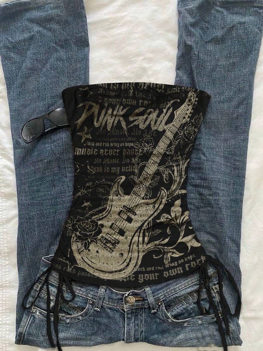 Attitoon Top tubo corto con cordón y nudo delantero casual para mujer - Negro - Ver 1