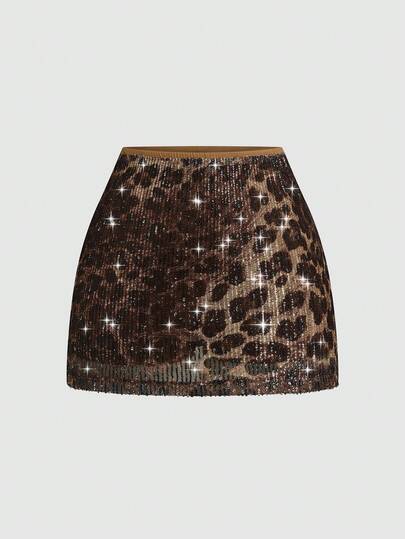 Sweetra Women's Retro Sexy Romantic Elegant Vacation Versatile Sequin Leopard Print Flashy Comfortable Casual Shorts Skirt, Leopard Sequin Shorts, Women's Carnival Dress, Carnival Wear, Holiday, Back-To-School Season, Back-To-School Party, Concert Attire, Spring & Summer + Coachella/Music Festival/Party