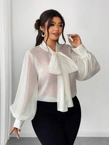 Elenzga 大码优雅通勤波点印花系领灯笼袖衬衫 - 杏色 - 查看 1