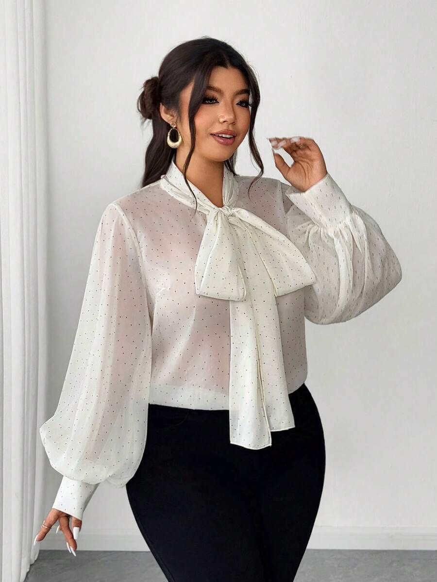 Elenzga 大码优雅通勤波点印花系领灯笼袖衬衫 - 杏色 - 查看 1