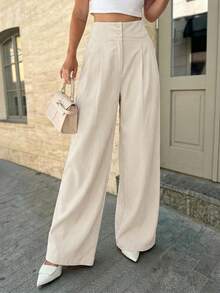 Firerie 女士优雅休闲阔腿裤，杏色纯色高腰褶裥宽松长裤，时尚百搭，新款春夏裤装，度假裤 - 杏色 - 查看 1