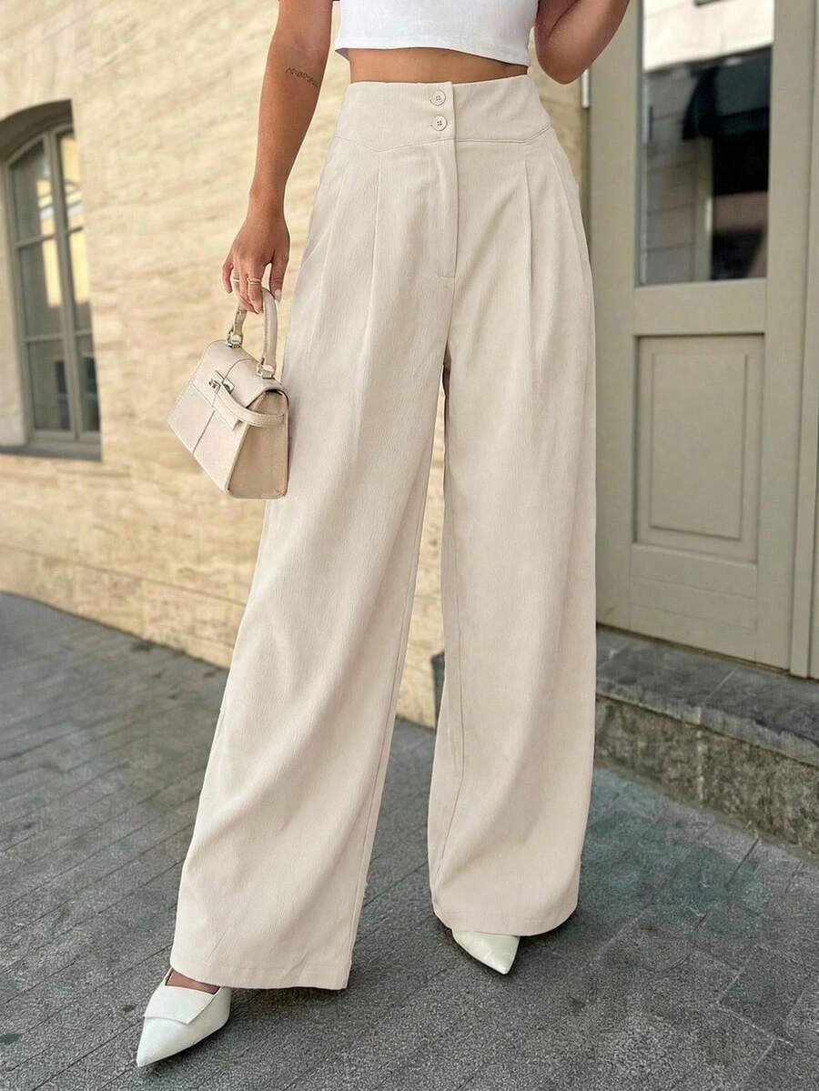 Firerie 女士优雅休闲阔腿裤，杏色纯色高腰褶裥宽松长裤，时尚百搭，新款春夏裤装，度假裤 - 杏色 - 查看 1