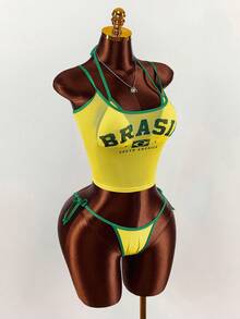 Amplova 3pcs Women's Swimsuit Set, Yellow-Green Contrast Brazilian Pattern Print, Including Camisole Top, Suitable For Party, Date, Vacation - Multicolor - View 8