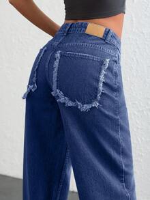 EURMUSE 低腰复古水洗直筒牛仔裤 - 中等水洗藍 - 查看 6