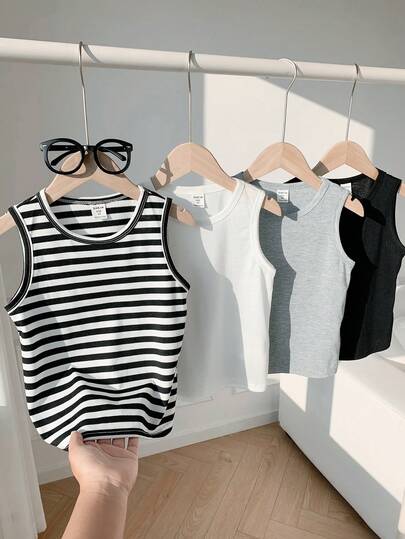 SHEIN 4pcs/Set Young Boys' Casual Comfortable Striped Tank Tops, All-Match Versatile, Suitable For Spring/Summer,,Toddler Boy Clothes,Toddler,Easter Gift For Boys