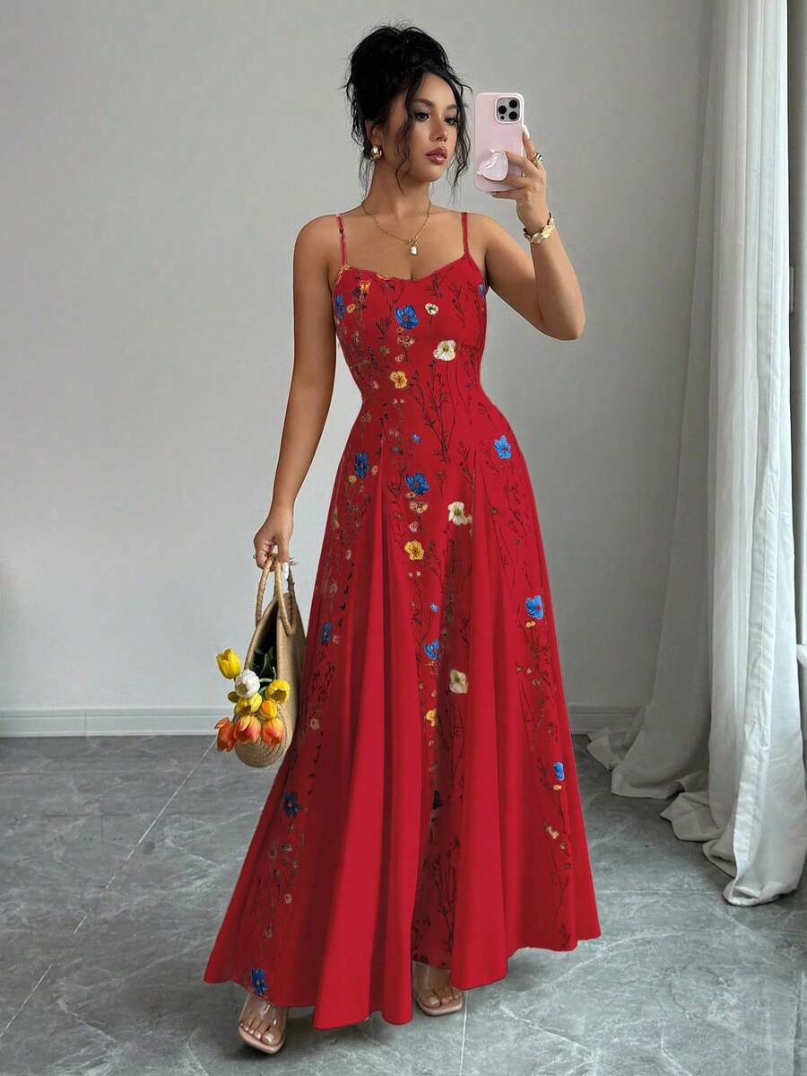 Elenzga Váy yếm họa tiết hoa dây mảnh cho nữ, phong cách nghỉ dưỡng - Đỏ - Xem 1