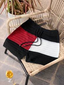 Manfinity VDAYZ Men's Contrast Color Drawstring Waist Hollow Out Casual Loose Swim Trunks Crochet Shorts Men Patchwork Shorts Men Men Sexy Shorts Beach Clothes For Men Men Swim Trunks Beach Shorts Men Beach Shorts Set - Multicolor - View 4