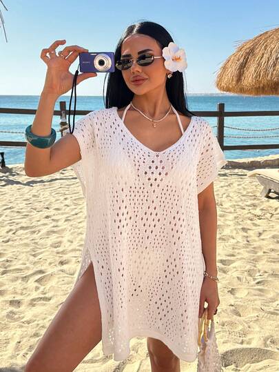 EURMUSE Loose Knit Hollow Out V Neck Short Sleeve Summer Sweater Breathable Lightweight Beach Cover Up Top Casual Chic Knitwear