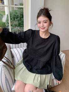 Dazy Plus Black Lantern Sleeve Loose Fit Pullover Blouse, Round Neck, Spring/Autumn