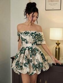 Poshira Women's Floral Jacquard Off-Shoulder Ruffle Hem Elegant Ball Gown Dress - Blue - View 2