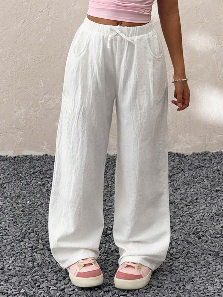 Coolane Kids Tween Girls Summer/Spring Minimalist Boho Vacation Casual Basic Daily Wear Linen Comfortable Low Rise Baggy White Pants, Linen Pants,Beach,Vacation, Girl Wide Leg Pants, Summer Pants,Kidsfashion,Girlsoutfitideas,Tweenstyle - White - View 1