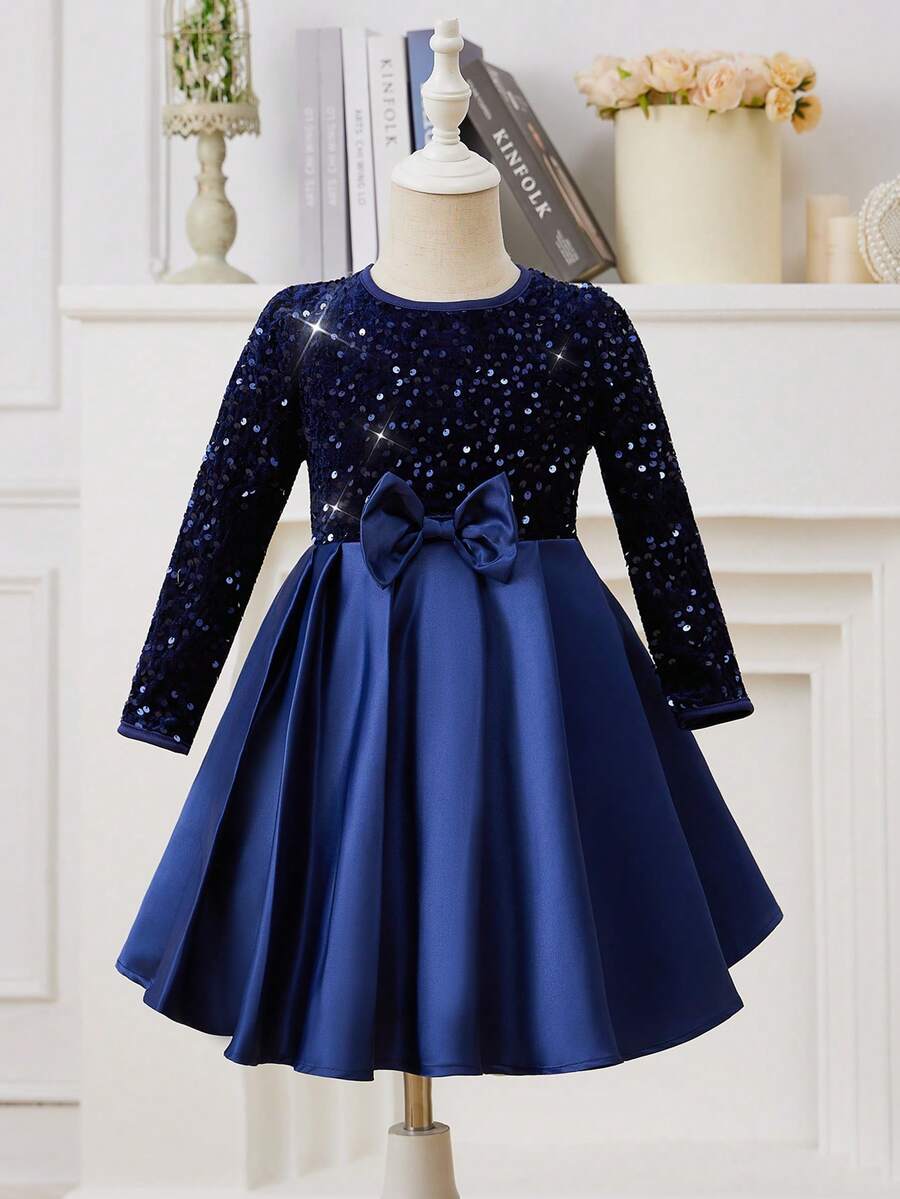 Glamorique Kids Đầm công chúa dài tay cho bé gái, phối sequin và lưới, trang trí nơ, kiểu dáng thanh lịch. - Màu xanh hải quân - Xem 1