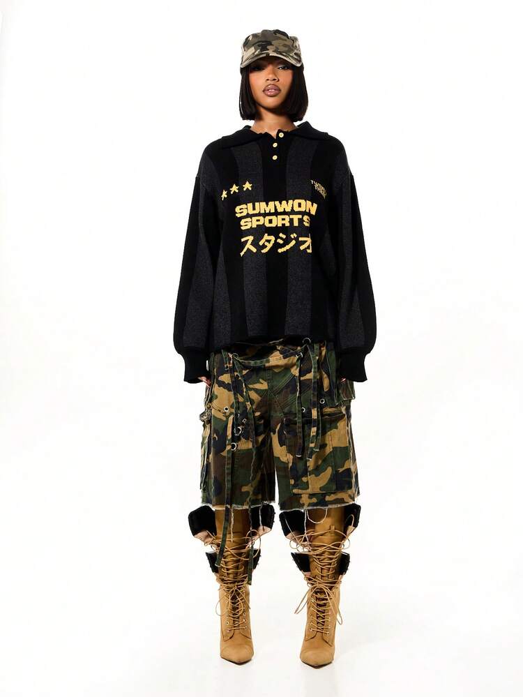 SUMWON WOMEN Oversized Graphic Knitted Polo With Gold Buttons