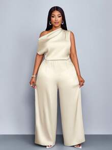 SOLERSUN Quần áo nữ bốn mùa cỡ lớn thời trang đi làm màu trơn thanh lịch ngày du lịch rộng rãi giản dị đơn giản màu mơ vải satin hở vai cổ áo bất đối xứng xếp ly vai tay ngắn quần ống rộng, quần dài lụa băng cho kỳ nghỉ xuân hè - Màu be - Xem 4