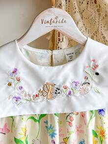 Souflis Souflis 女童春夏休闲可爱新款连衣裙，正面饰有可爱的刺绣兔子图案，白色梭织面料印有可爱的兔子数码印花，短泡泡袖，圆领设计，适合年轻女孩穿着，可爱活泼，优雅休闲时尚，适合日常穿着、上学、外出等场合，女童碎花图案连衣裙。动物图案女童连衣裙，复活节儿童连衣裙，春季音乐主题女童连衣裙，优雅派对连衣裙。夏季服装。优雅派对连衣裙。夏季服装。 - 黃色 - 查看 4