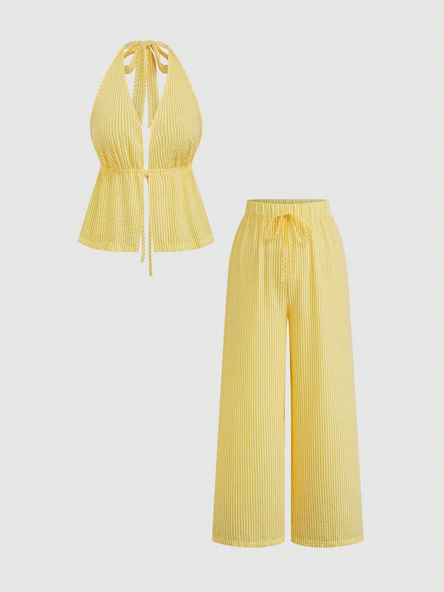 Sweetra 夏季休闲纹理条纹吊带背心和阔腿裤加大码女装两件套 - 彩色 - 查看 1