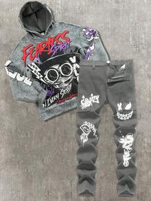 Tween Boy Button Fly Casual Jeans With Letter & Smiling Face Graphic, Versatile For Daily Wear - Light Grey - View 1