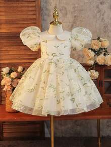 SHEIN Glamorique Kids Glamorique 女童青少年晚宴派對禮服，鼠尾草綠花卉腰身修身芭蕾舞裙，薄紗泡泡袖優雅花童禮服，夏季 - 香檳色 - 查看 3