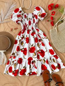 少女碎花印花弹力腰泡泡袖荷叶边下摆蝴蝶结装饰露肩中长连衣裙，适合夏季度假、外出、派对。 - 紅白色 - 查看 7