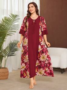 Lacomfia 大码女式宽松纯色拼接圆领蝴蝶结休闲连衣裙 - 酒紅色 - 查看 6