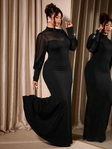 Cravure Christmas Plus Size Women's Elegant Party Knit Vertical Striped Semi-Sheer Sleeve Stand Collar Black Fitted Dress, Autumn - Black - View 1