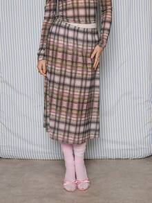 COUREZ 低腰网纱格纹中长裙/Y2K风格春季女装，可爱性感外出裙两件套，约会之夜情人节穿搭 - 彩色 - 查看 4