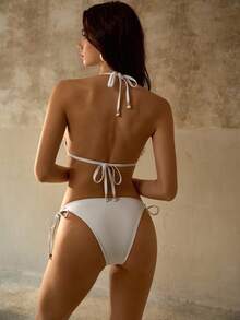 MOTF PREMIUM ROMANTIC DELICATE HOLLOW EMBROIDERED FLORAL HALTER BOHO TEXTURED BIKINI SET - White - View 3