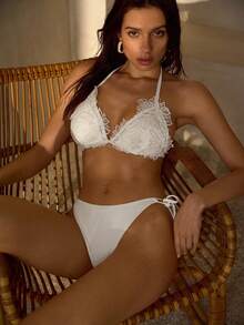 MOTF PREMIUM ROMANTIC DELICATE HOLLOW EMBROIDERED FLORAL HALTER BOHO TEXTURED BIKINI SET - White - View 8